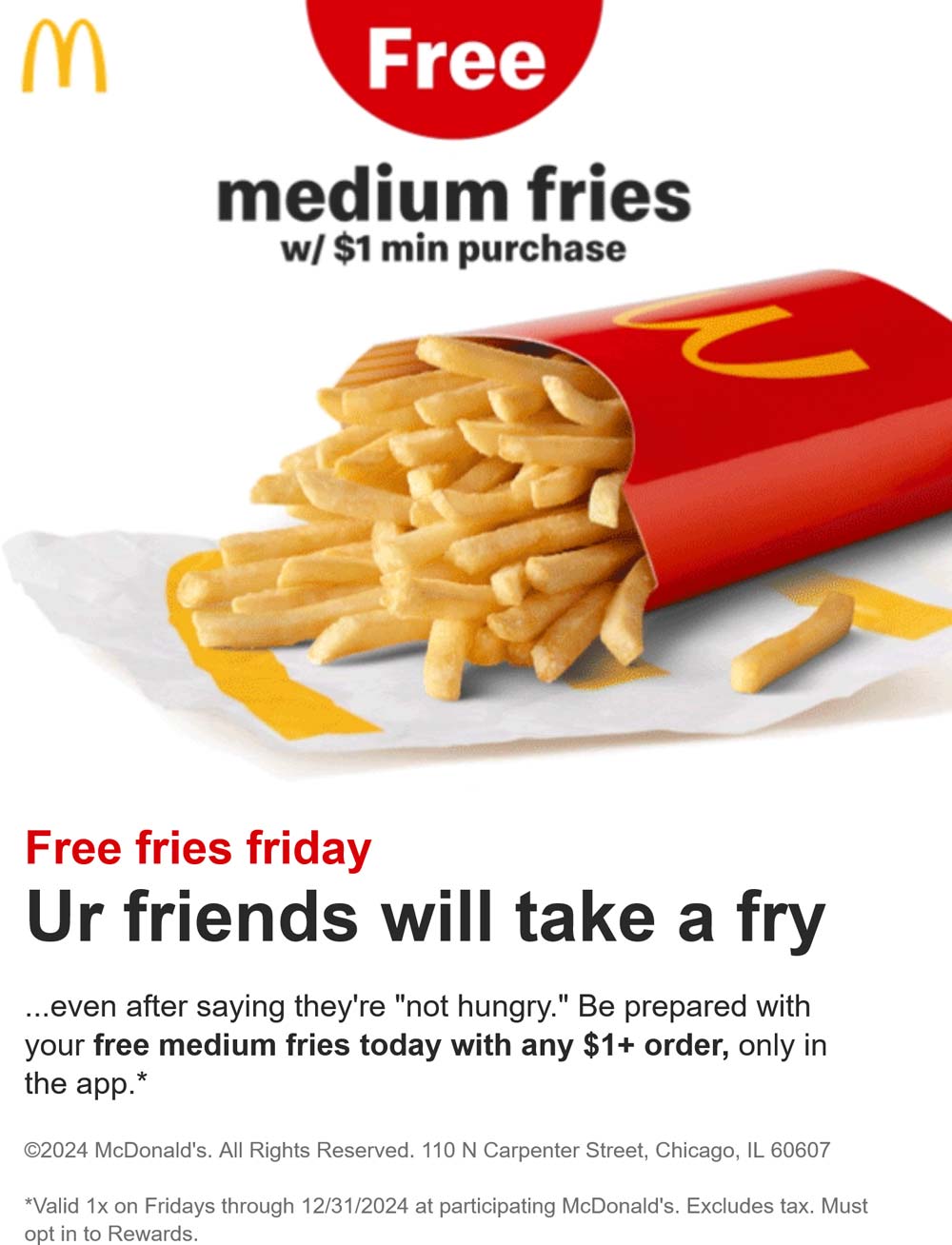 McDonalds restaurants Coupon  Free fries on $1 today at McDonalds restaurants #mcdonalds 