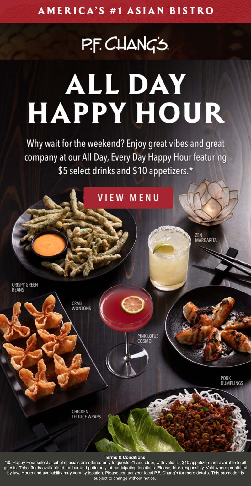 P.F.Changs restaurants Coupon  $5 drinks & $10 appetizers all day every day at P.F.Changs restaurants #pfchangs 