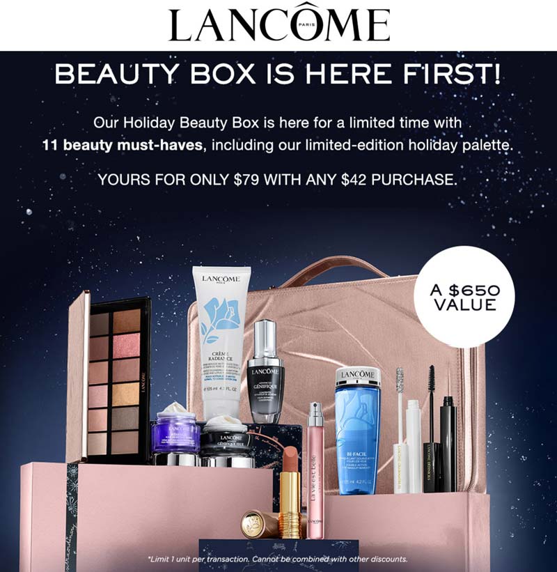 Lancome stores Coupon  11pc beauty box for $79 on $42 spent at Lancome #lancome 