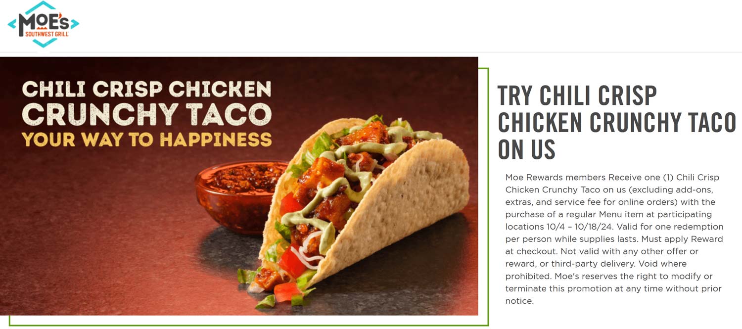 Moes Southwest Grill restaurants Coupon  Free chili chicken taco with your online order at Moes Southwest Grill #moessouthwestgrill 