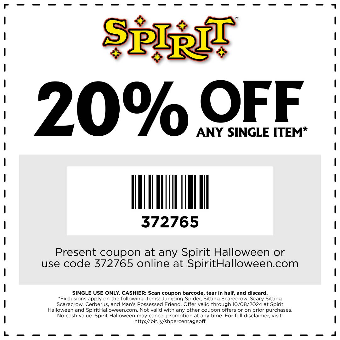 Spirit stores Coupon  20% off a single item at Spirit Halloween, or online via promo code 372265 #spirit 