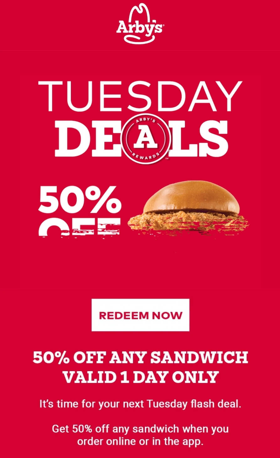 Arbys restaurants Coupon  50% off any sandwich via mobile today at Arbys #arbys 