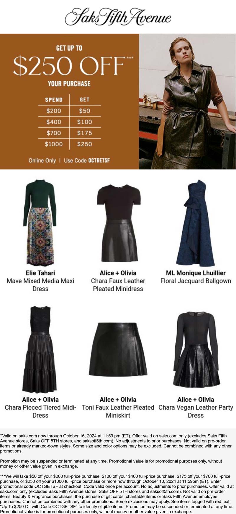 Saks Fifth Avenue stores Coupon  $50-$250 off $200+ online at Saks Fifth Avenue via promo code OCTGETSF #saksfifthavenue 