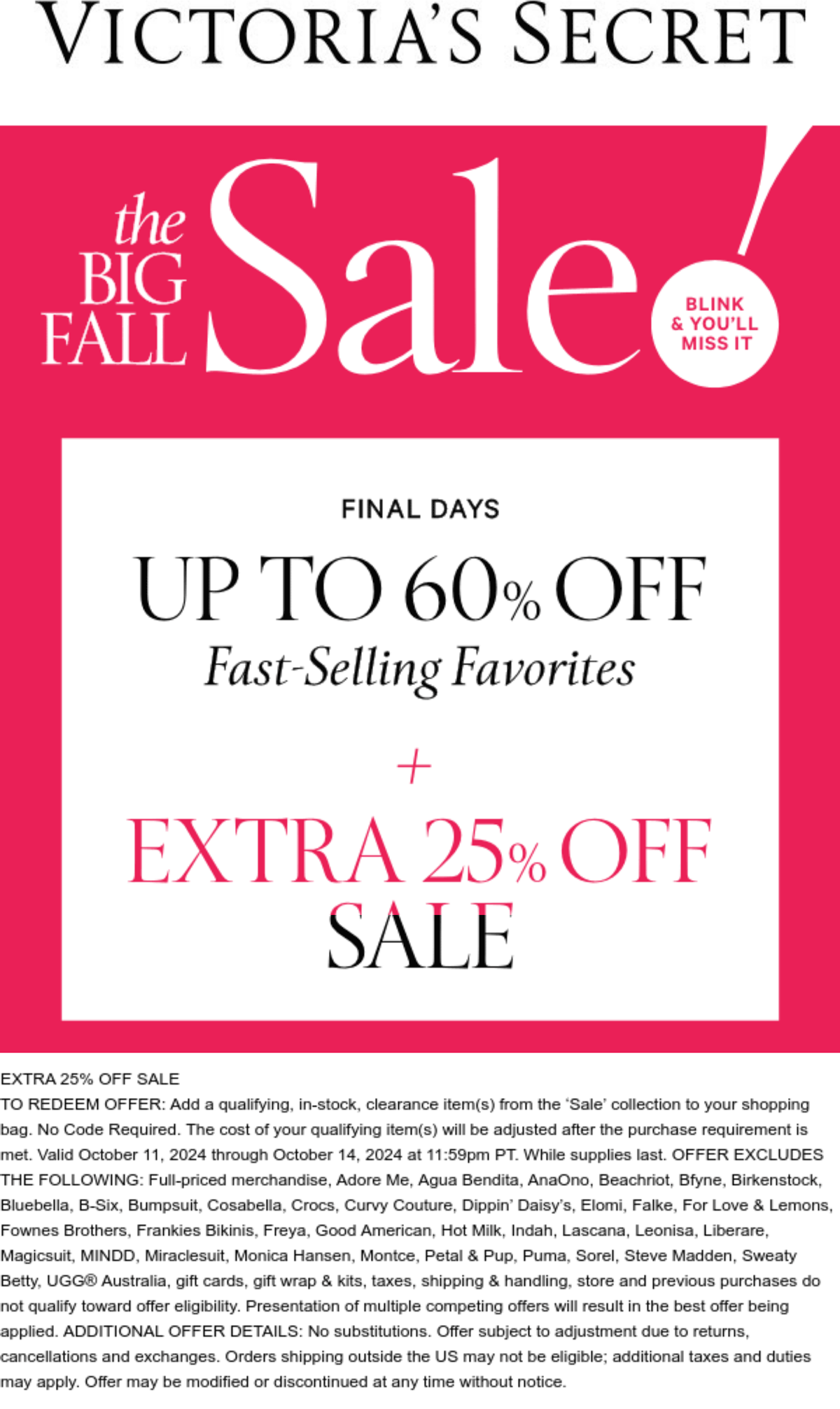 Victorias Secret stores Coupon  Extra 25% off sale items at Victorias Secret #victoriassecret 