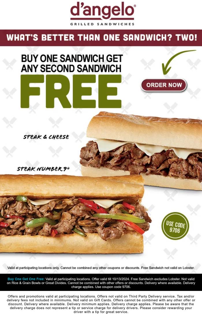 DAngelo restaurants Coupon  Second sandwich free today at DAngelo grilled sandwiches #dangelo 