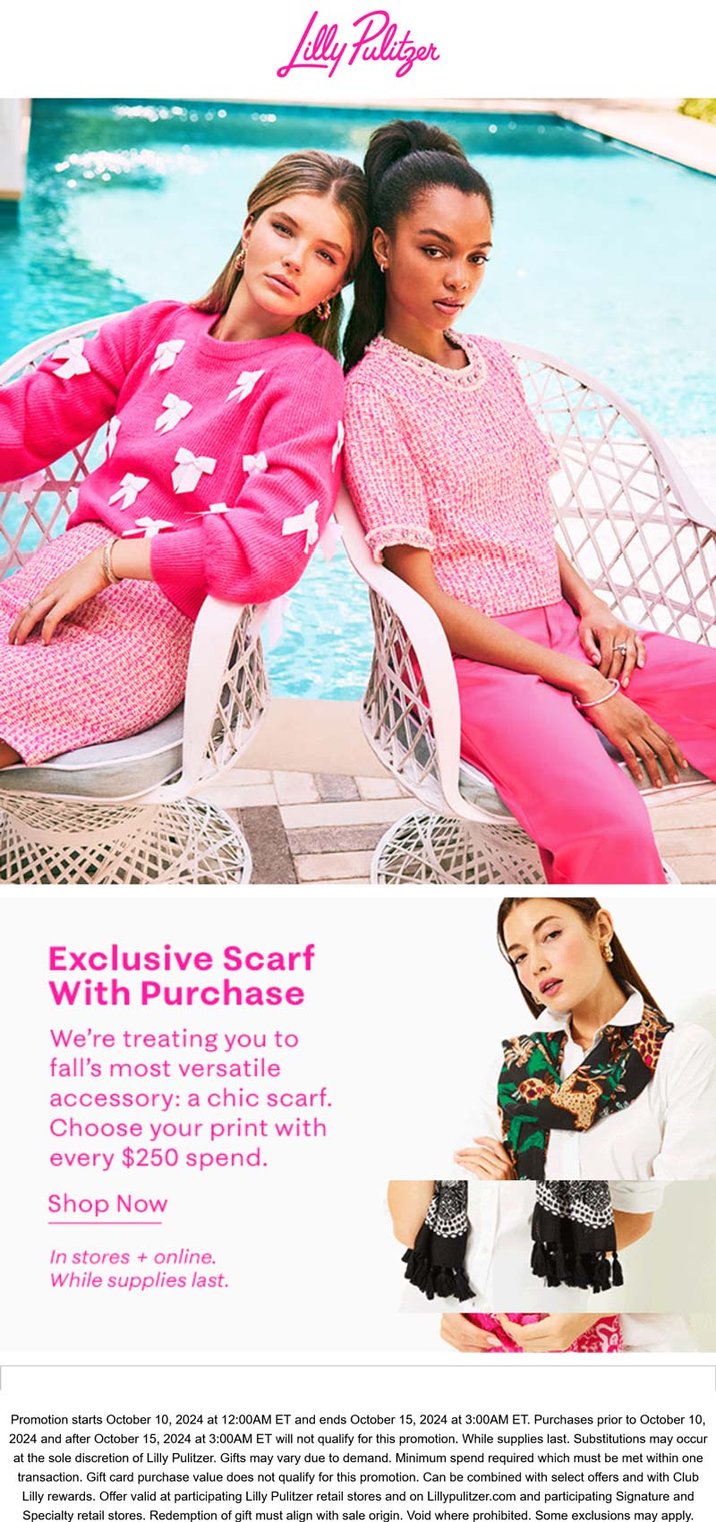 Lilly Pulitzer stores Coupon  Free scarf on every $250 at Lilly Pulitzer, ditto online #lillypulitzer 