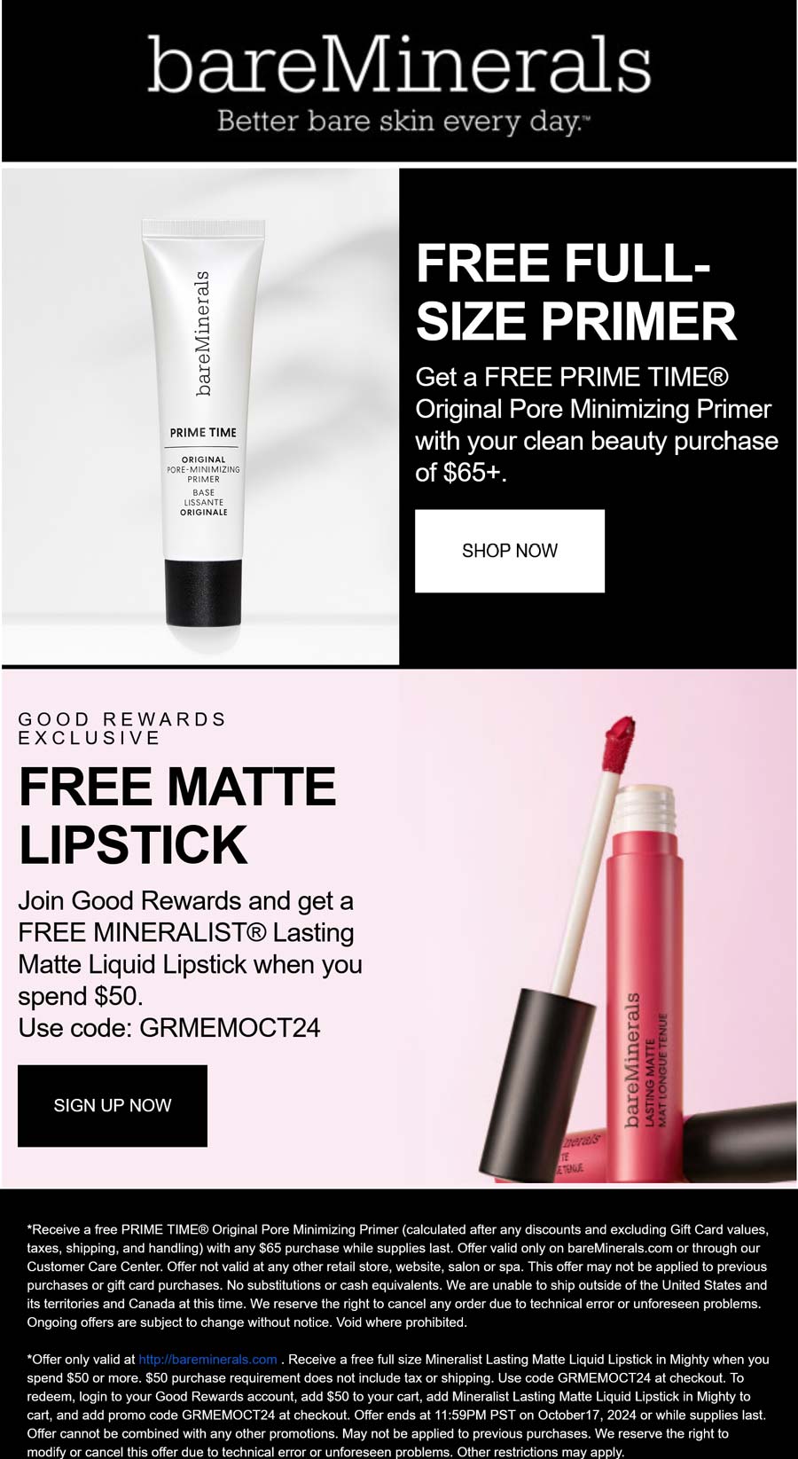 bareMinerals stores Coupon  Free full size primer or lipstick on $65 at bareMinerals via promo code GRMEMOCT24 #bareminerals 