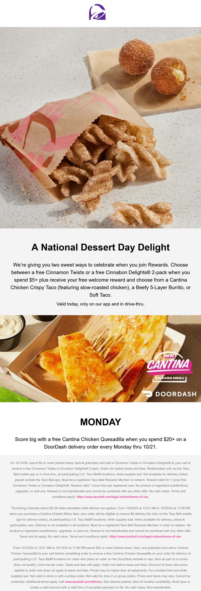 Taco Bell restaurants Coupon  Free cinnabon delights or twists on $5 & more today via mobile at Taco Bell #tacobell 