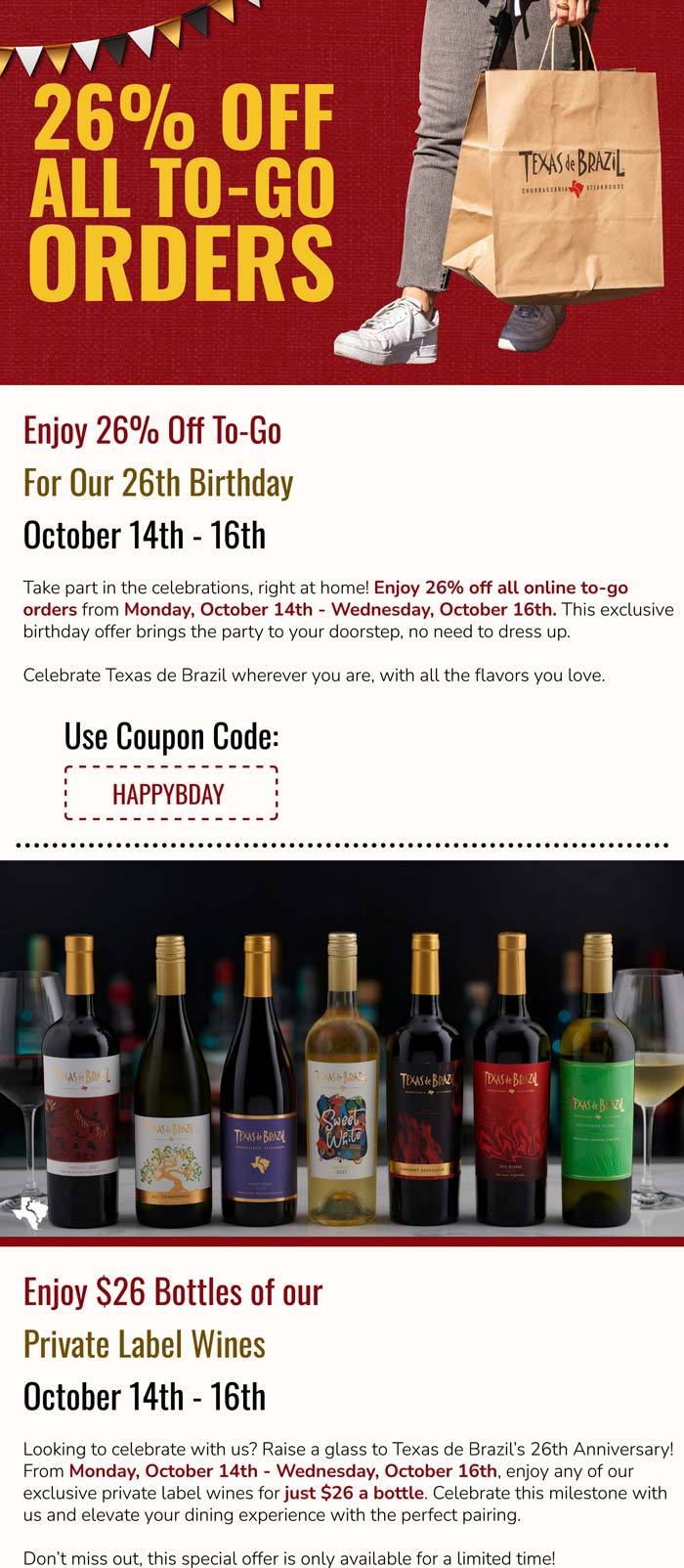 Texas de Brazil restaurants Coupon  26% off online orders at Texas de Brazil restaurants via promo code HAPPYBDAY #texasdebrazil 