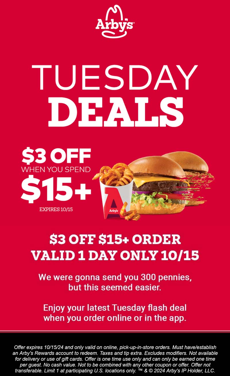 Arbys restaurants Coupon  $3 off $15 today via mobile at Arbys restaurants #arbys 