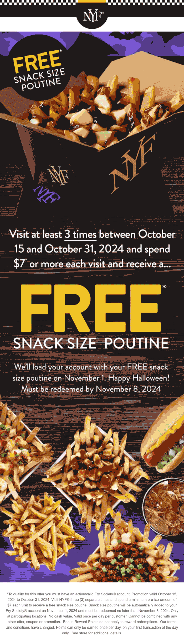 New York Fries restaurants Coupon  3 visits this month = free poutine the 1st at New York Fries #newyorkfries 