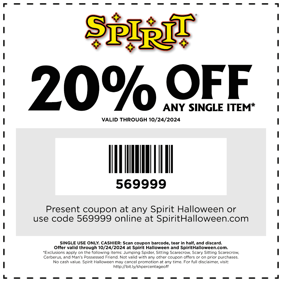 Spirit stores Coupon  20% off a single item at Spirit halloween, or online via promo code 569999 #spirit 