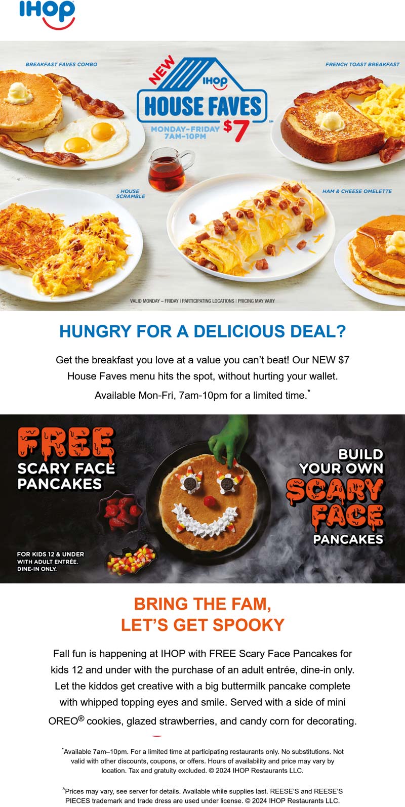 IHOP restaurants Coupon  Free scary face pancake + $7 house faves breakfast deals at IHOP #ihop 