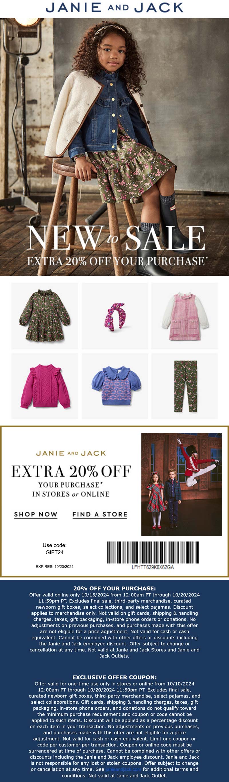 Janie and Jack stores Coupon  Extra 20% off at Janie and Jack, or online via promo code GIFT24 #janieandjack 