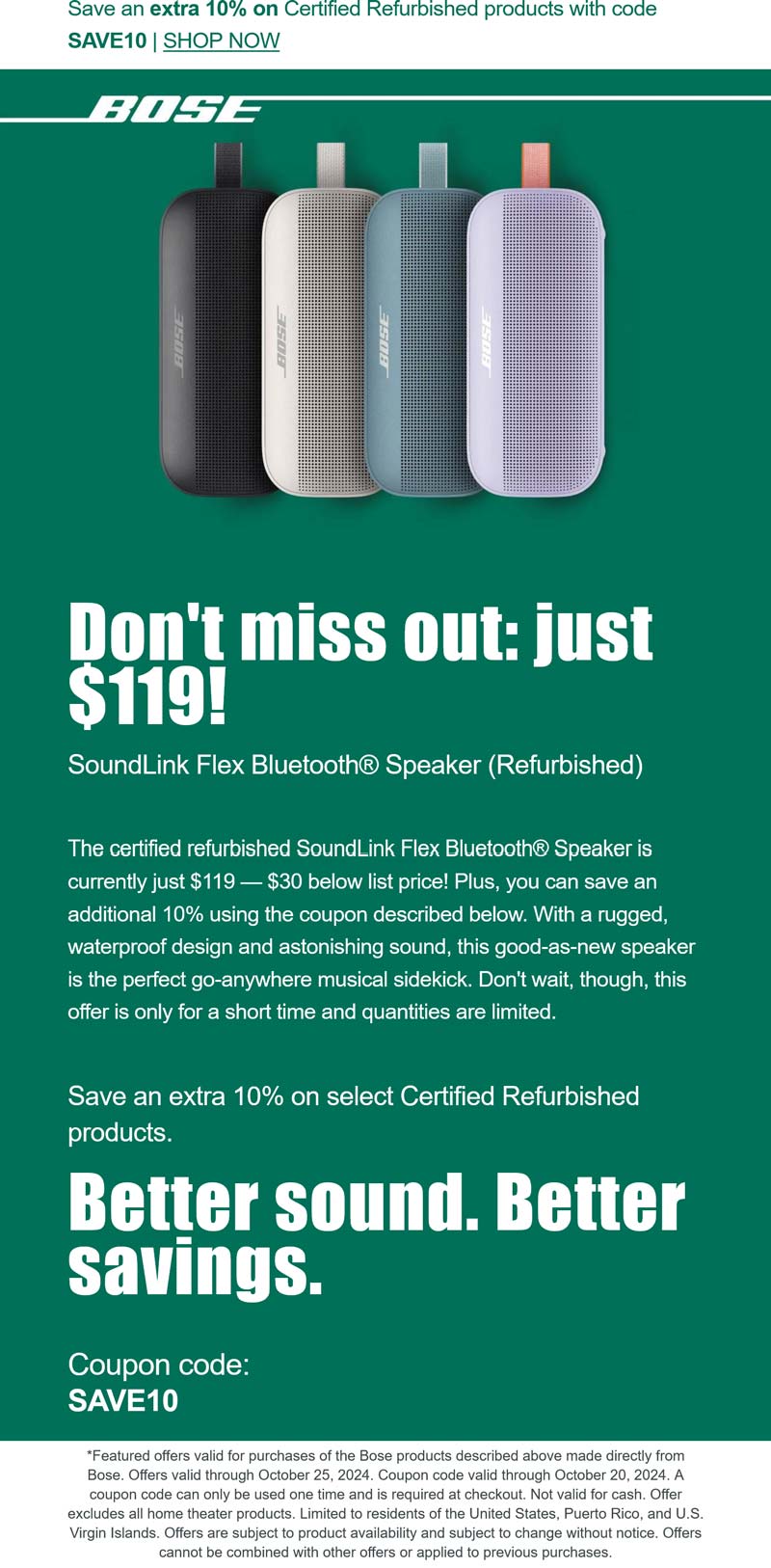 Bose stores Coupon  Extra 10% off used items at Bose via promo code SAVE10 #bose 