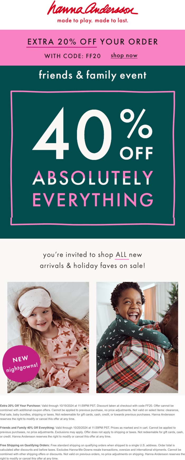 Hanna Andersson stores Coupon  60% off everything at Hanna Andersson via promo code FF20 #hannaandersson 