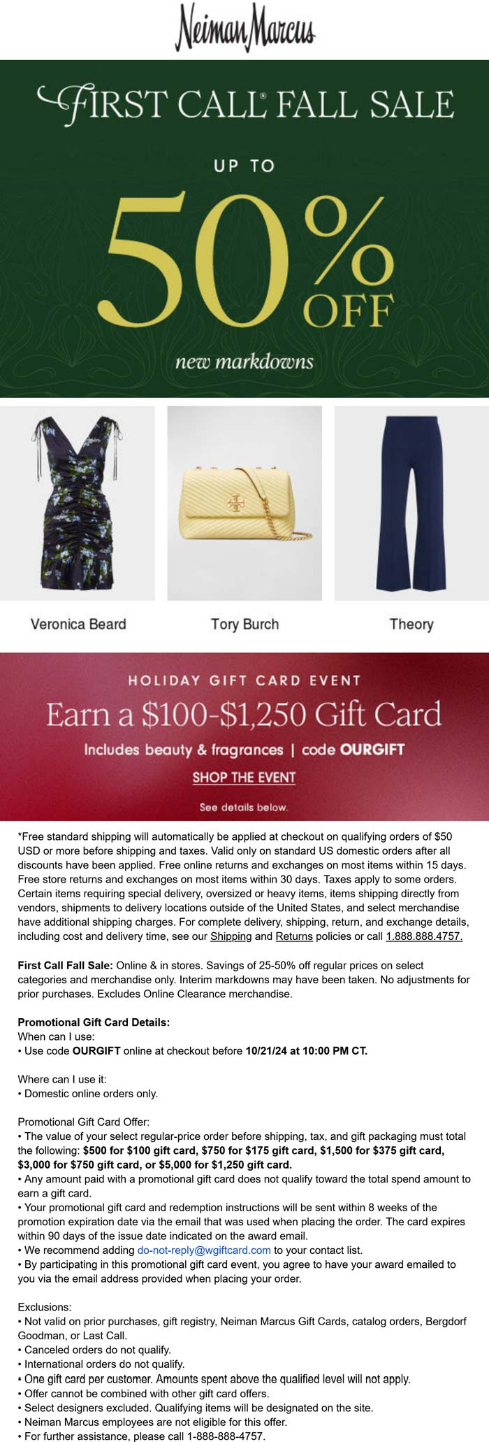 Neiman Marcus stores Coupon  $100-$1250 card on $500+ at Neiman Marcus via promo code OURGIFT #neimanmarcus 