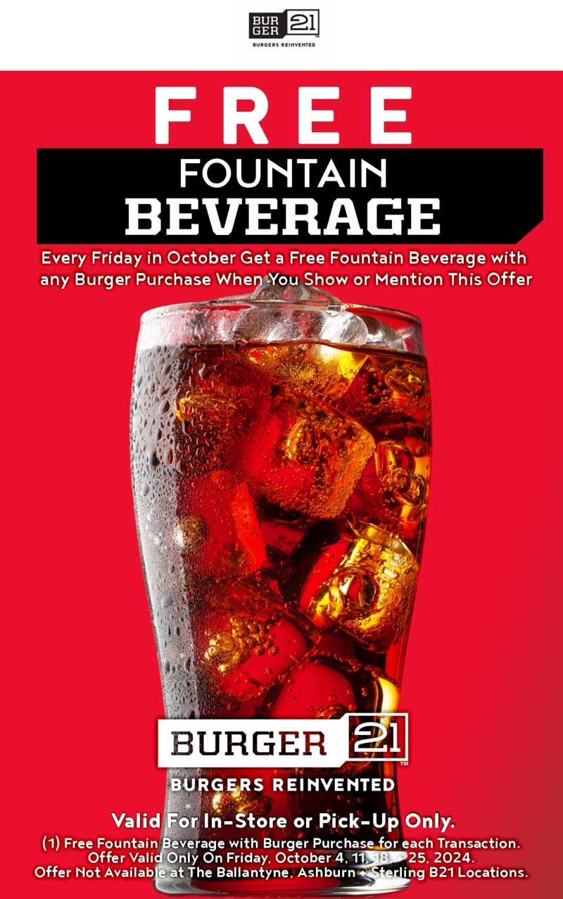 Burger 21 restaurants Coupon  Free fountain beverage with your burger today at Burger 21 #burger21 