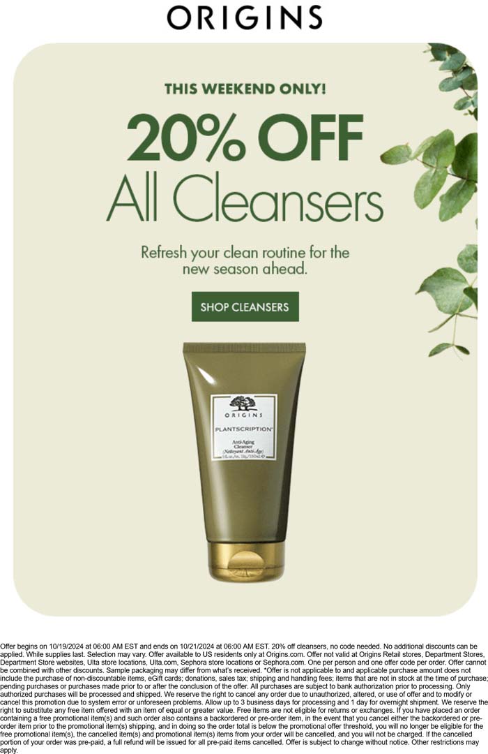 Origins stores Coupon  20% off all cleansers at Origins #origins 