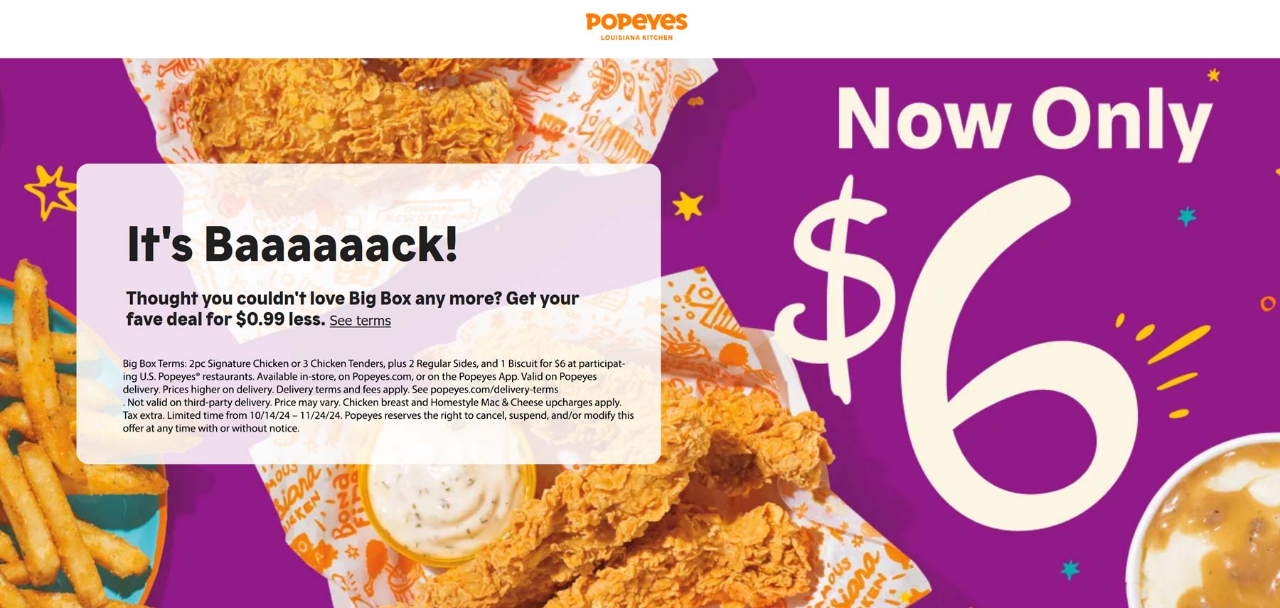 Popeyes restaurants Coupon  2pc chicken or 3pc tenders + 2 sides + biscuit = $6 at Popeyes #popeyes 