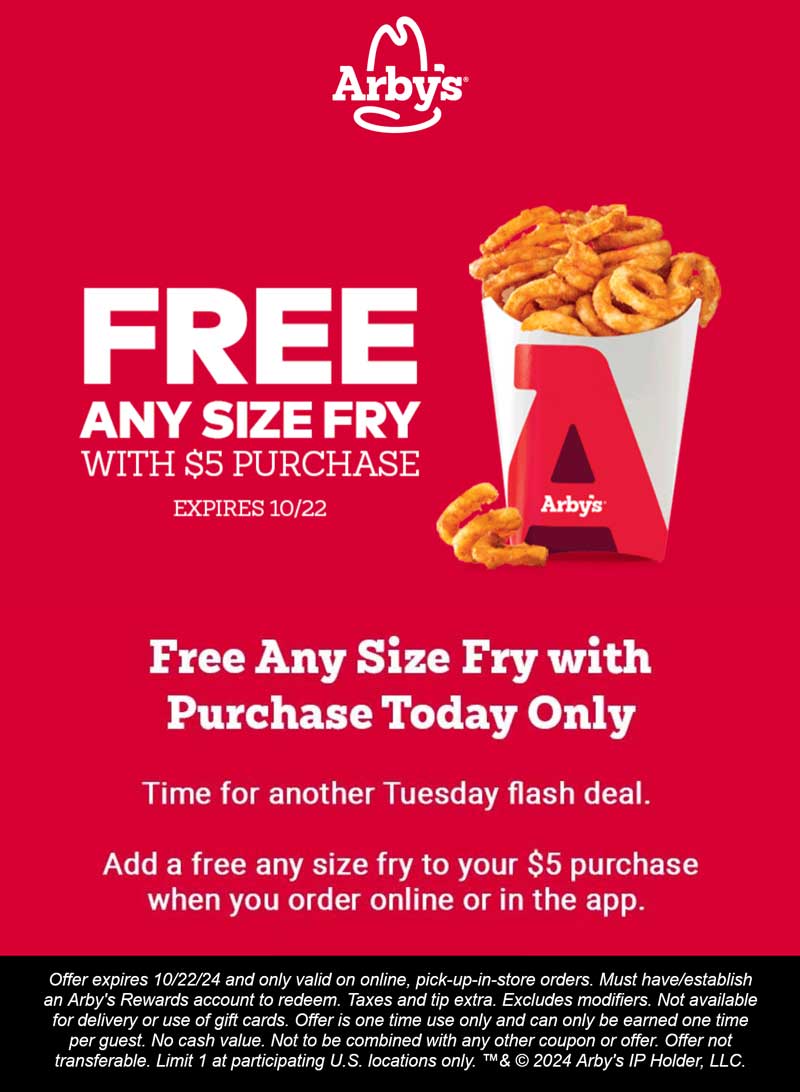 Arbys restaurants Coupon  Free large curly fries on $5 via mobile today at Arbys restaurants #arbys 