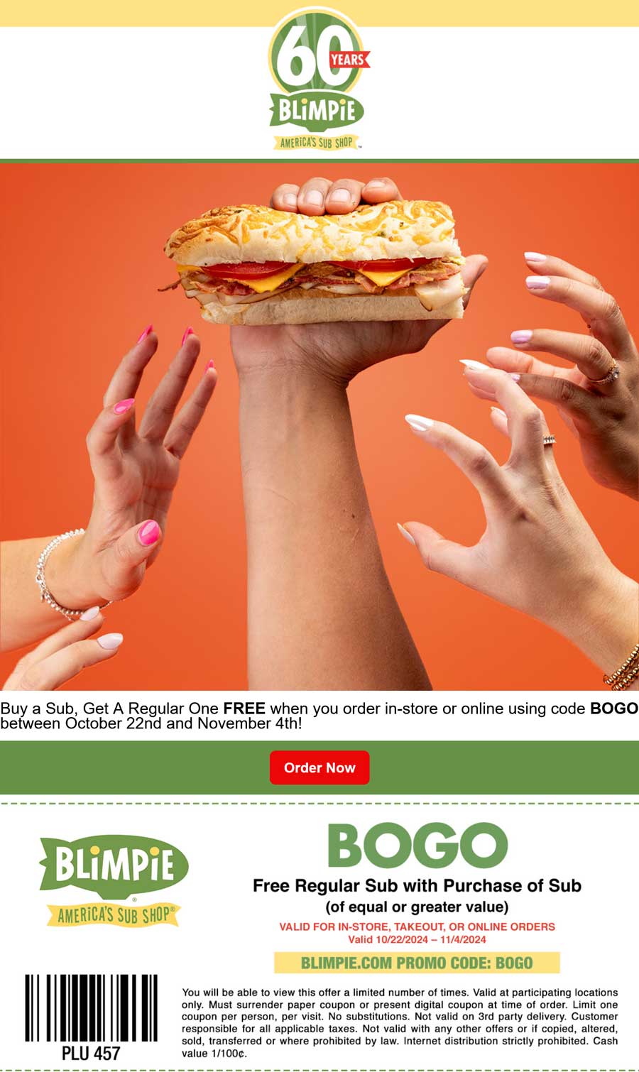 Blimpie restaurants Coupon  Second sub sandwich free at Blimpie, or online via promo code BOGO #blimpie 