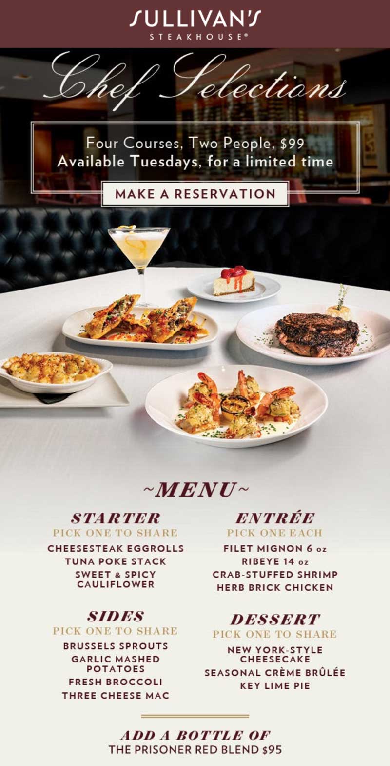 Sullivans restaurants Coupon  Four course meal for 2 = $99 Tuesdays at Sullivans steakhouse #sullivans 