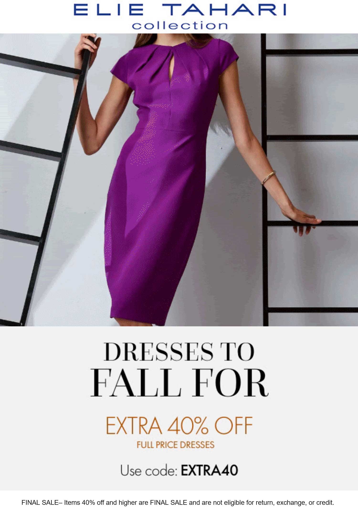 Elie Tahari stores Coupon  Extra 40% off dresses at Elie Tahari via promo code EXTRA40 #elietahari 