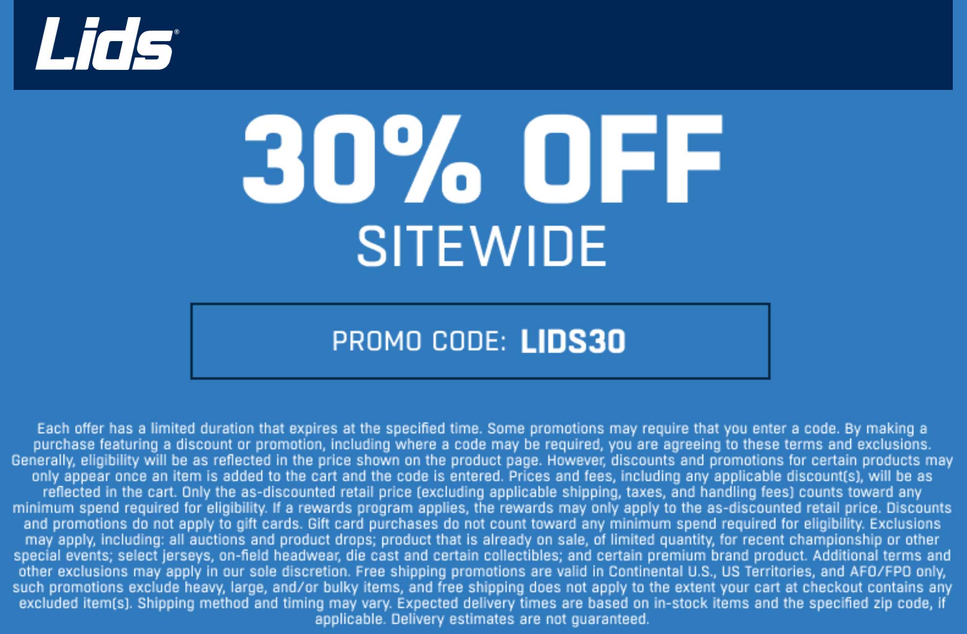 Lids stores Coupon  30% off everything online today at Lids via promo code LIDS30 #lids 