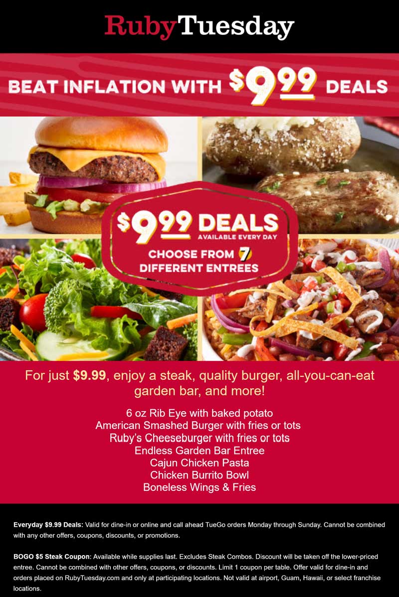 Ruby Tuesday restaurants Coupon  Steak, cheeseburger, pasta & more entrees = $10 each at Ruby Tuesday restaurants #rubytuesday 