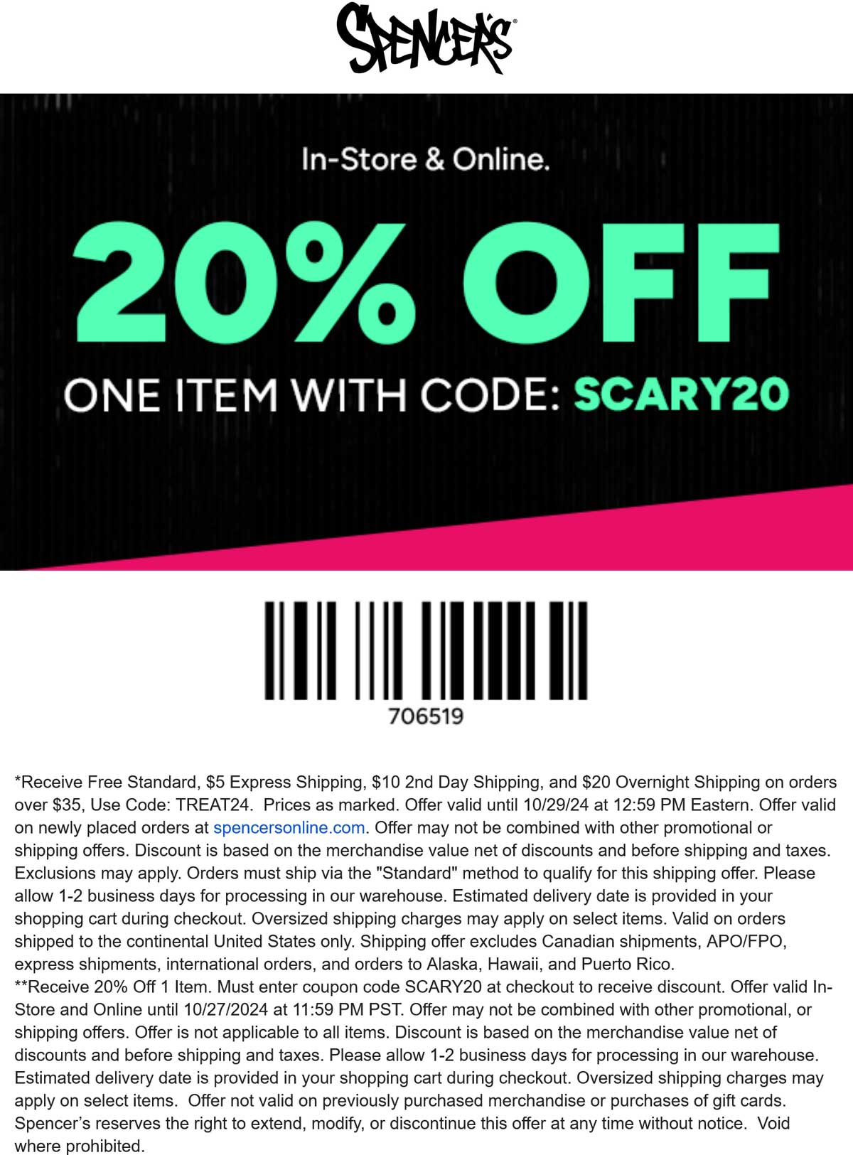 Spencers stores Coupon  20% off a single item at Spencers, or online via promo code SCARY20 #spencers 