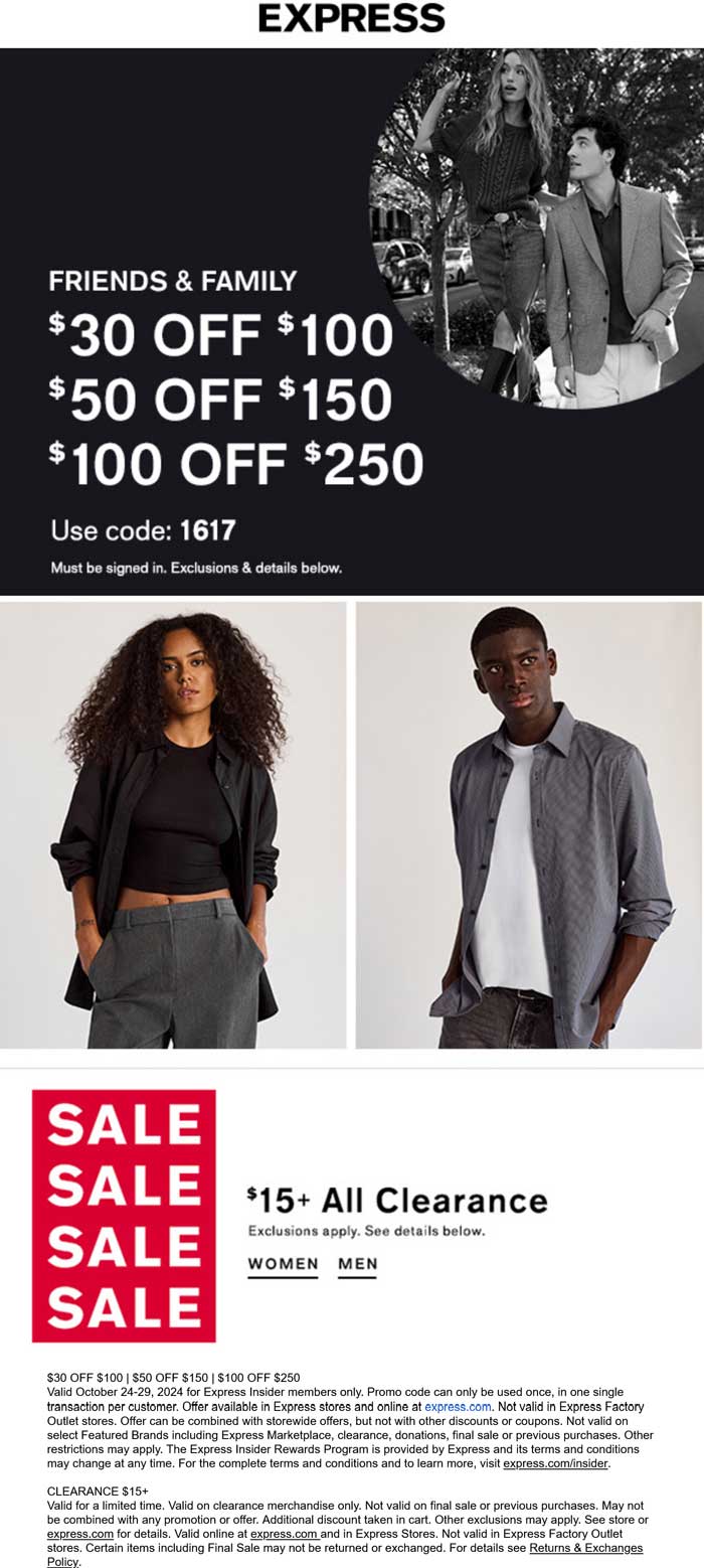 Express stores Coupon  $30-$100 off $100+ at Express via promo code 1617 #express 