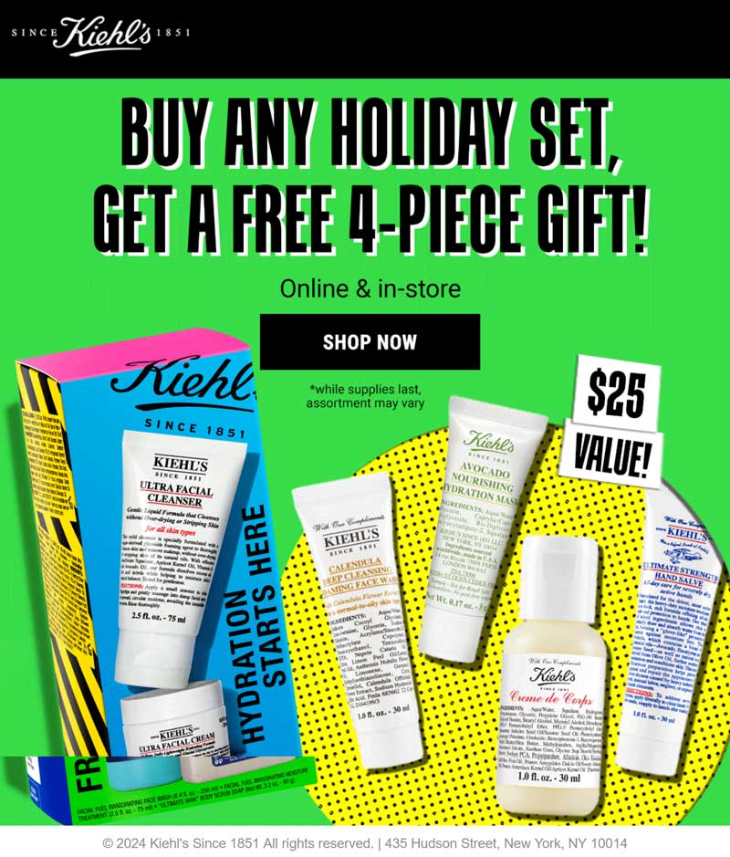 Kiehls stores Coupon  Free 4pc with your holiday set at Kiehls, ditto online #kiehls 