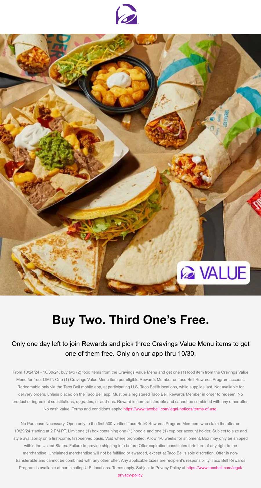 Taco Bell restaurants Coupon  3rd value item free via mobile at Taco Bell #tacobell 