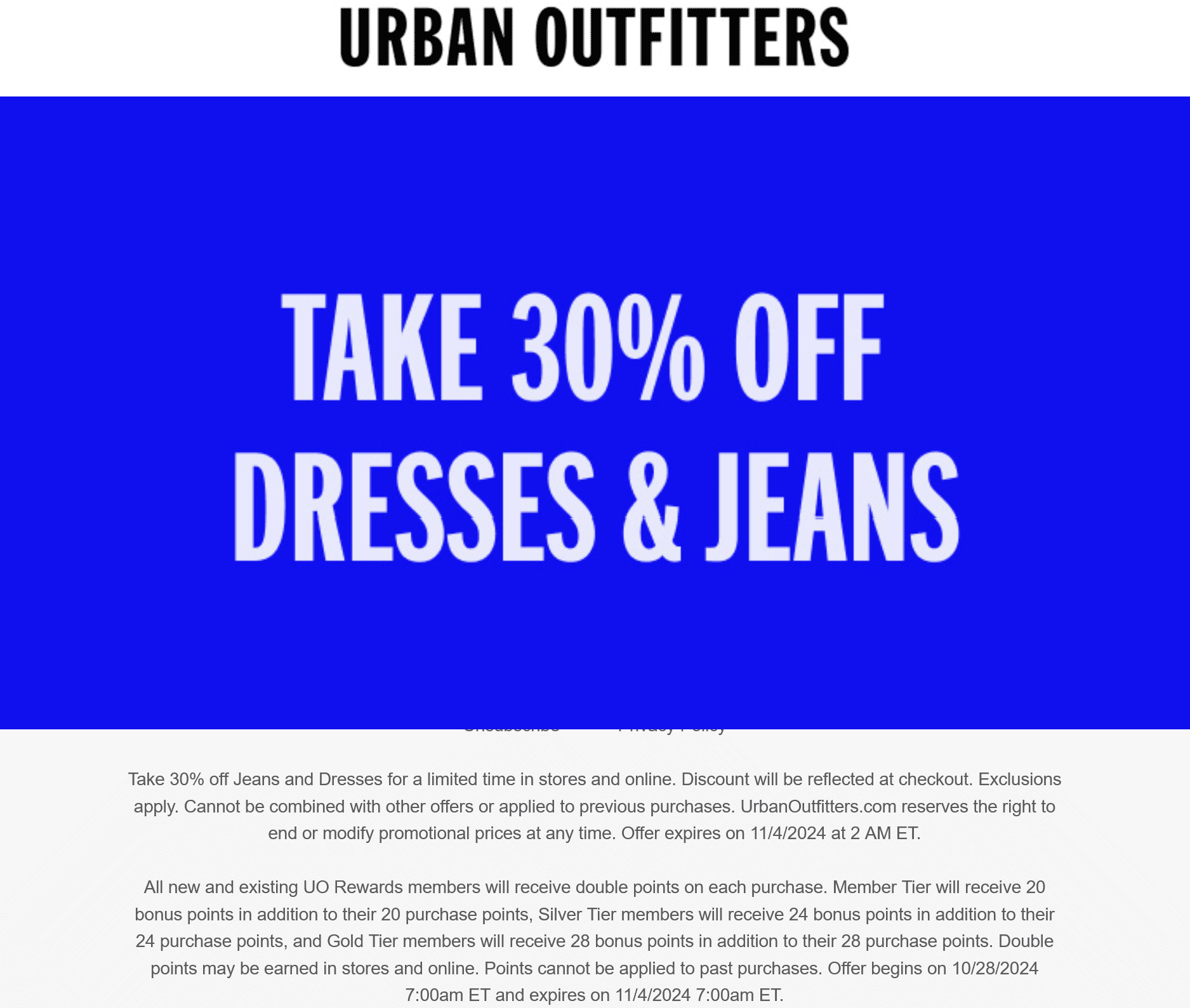 Urban Outfitters stores Coupon  30% off dresses & jeans at Urban Outfitters #urbanoutfitters 