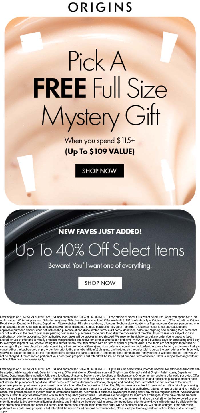 Origins stores Coupon  Choice of full sizes & $109 kit gifts free on $115 spent at Origins #origins 