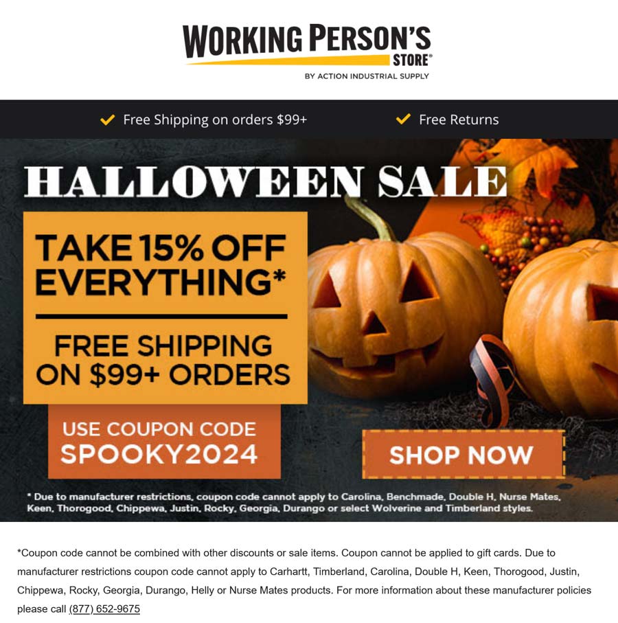 Working Persons Store stores Coupon  15% off everything at Working Persons Store via promo code SPOOKY2024 #workingpersonsstore 