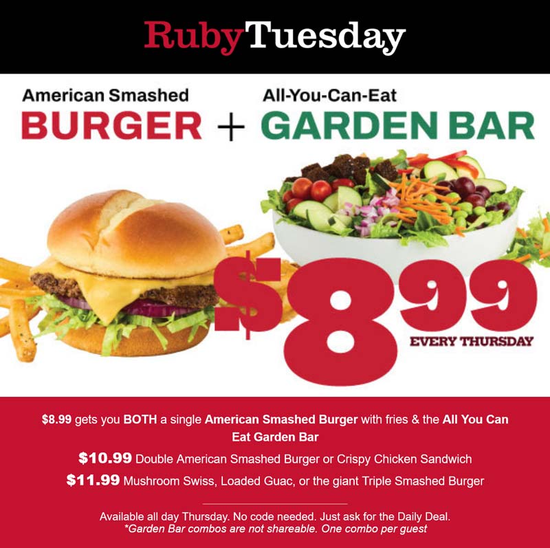 Ruby Tuesday restaurants Coupon  Cheeseburger + fries + bottomless salad bar = $9 today at Ruby Tuesday #rubytuesday 