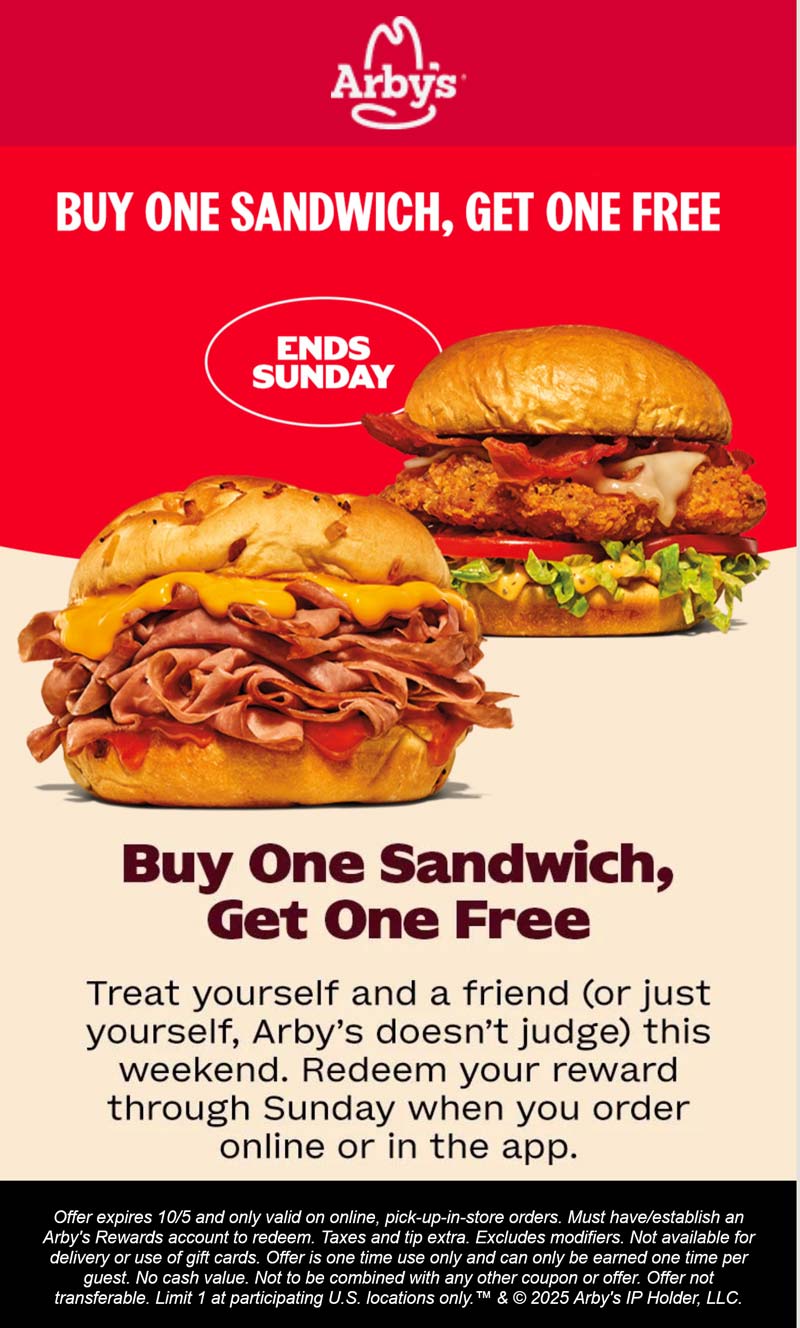 Arbys restaurants Coupon  Second sandwich free via mobile at Arbys #arbys 