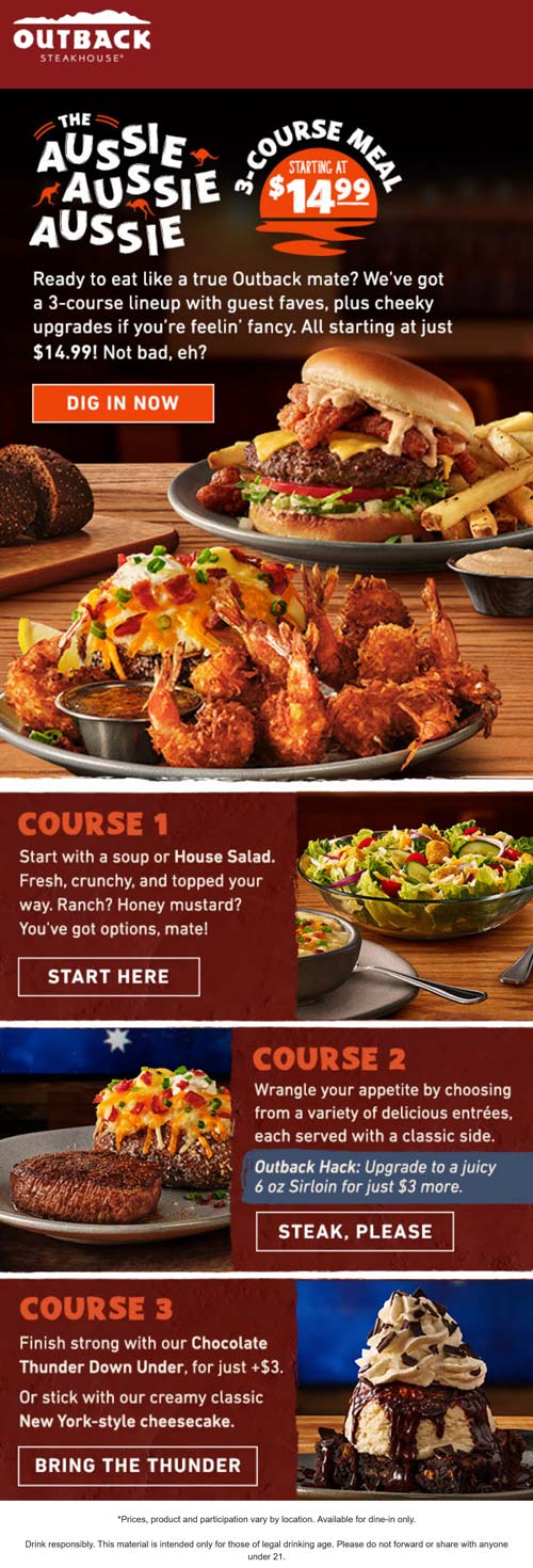Outback Steakhouse restaurants Coupon  3-course meal = $15 at Outback Steakhouse #outbacksteakhouse 