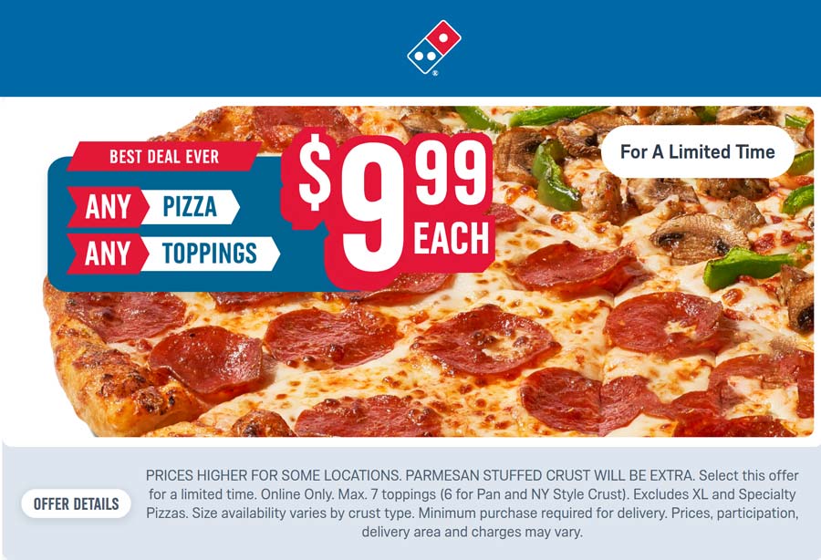 Dominos restaurants Coupon  Large 7 toppings pizza = $10 at Dominos #dominos 