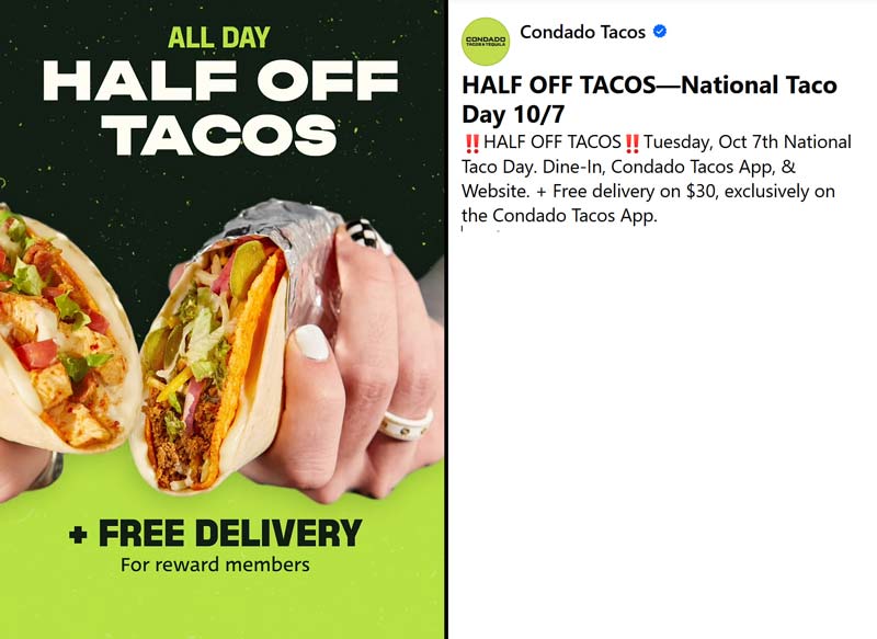Condado Tacos stores Coupon  50% off tacos Tues at Condado Tacos #condadotacos 
