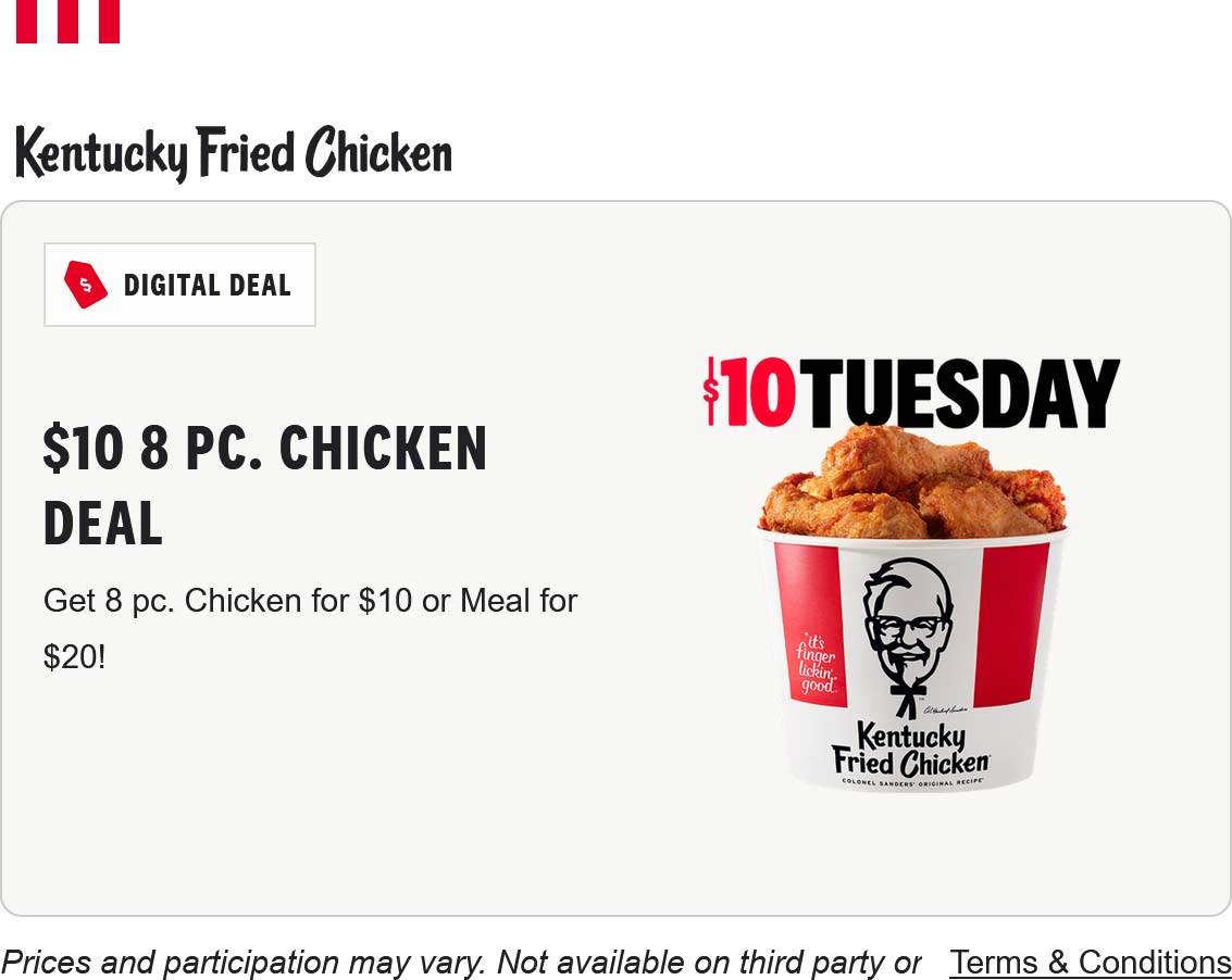 KFC restaurants Coupon  8pc chicken = $10 today at KFC #kfc 
