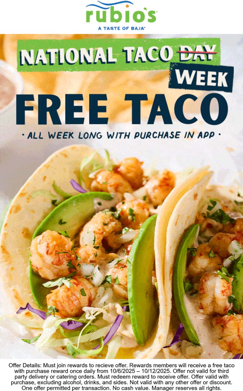 Rubios restaurants Coupon  Free taco with your mobile order all week at Rubios #rubios 