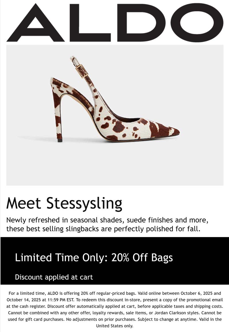 ALDO stores Coupon  20% off bags at ALDO, ditto online #aldo 