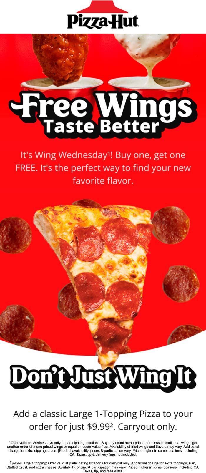 Pizza Hut restaurants Coupon  Second order wings free today at Pizza Hut #pizzahut 