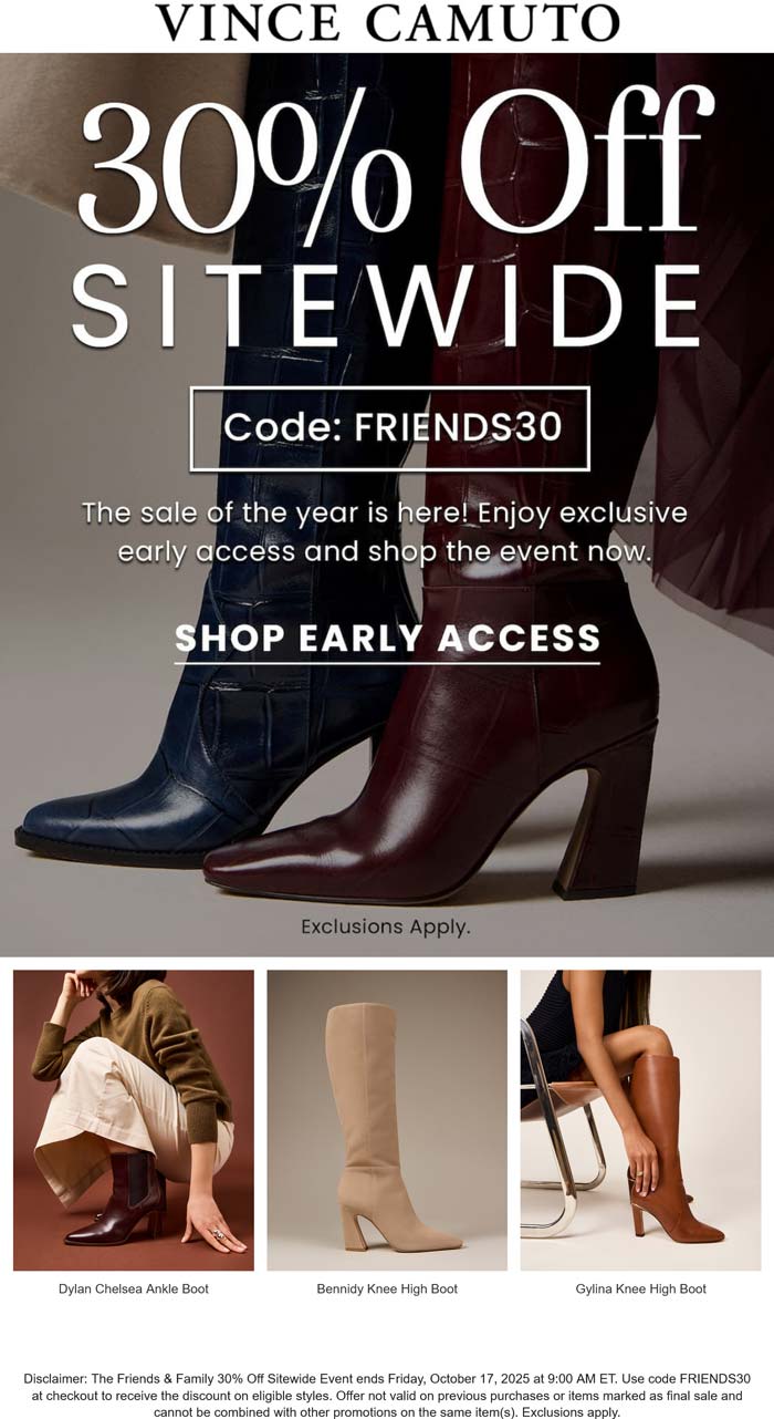 Vince Camuto stores Coupon  30% off everything online at Vince Camuto via promo code FRIENDS30 #vincecamuto 