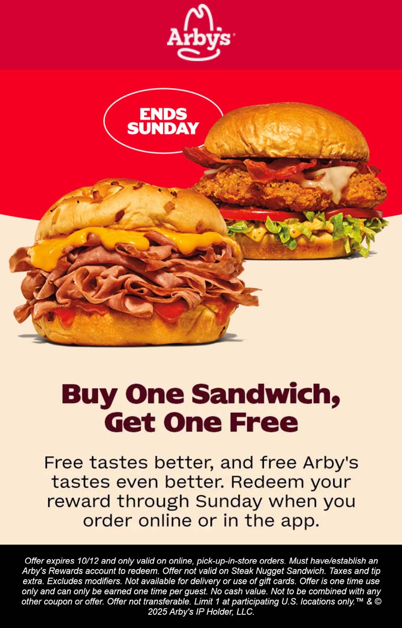 Arbys coupons & promo code for October 2025