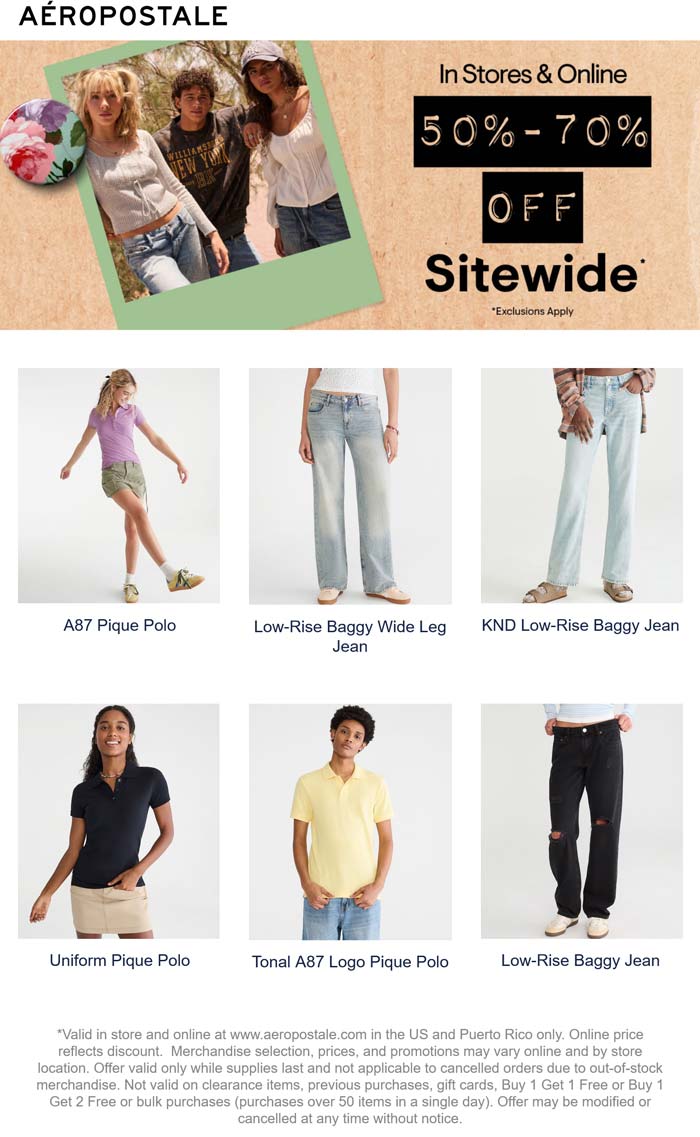 Aeropostale stores Coupon  50-70% off everything at Aeropostale, ditto online #aeropostale 