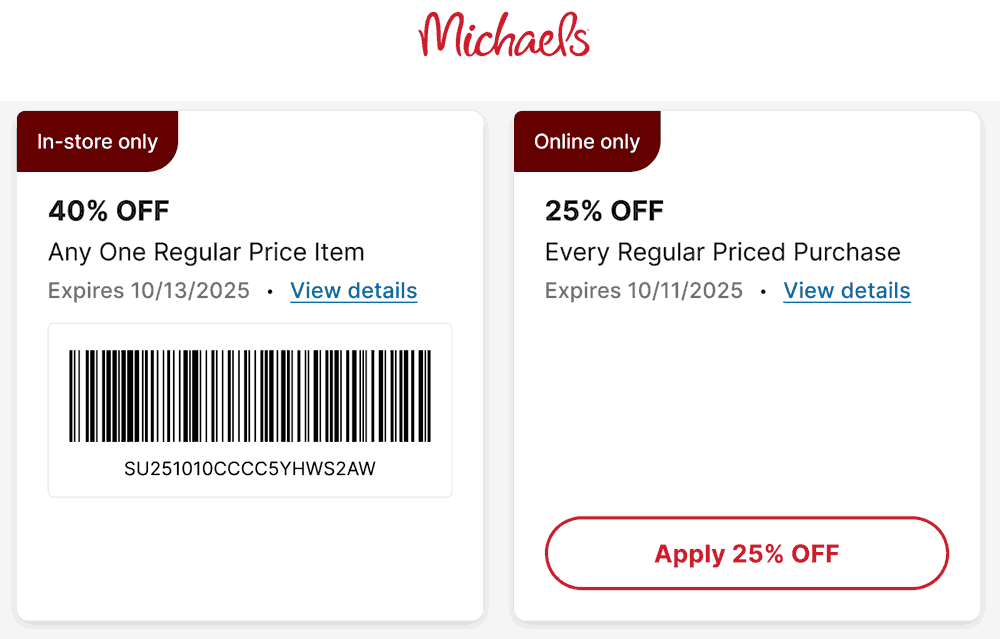 Michaels stores Coupon  40% off a single item at Michaels, or 25% off everything online #michaels 